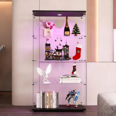 Zdjęcie produktu dla INONEFT Wystawa z oświetleniem LED i szklanymi drzwiami, idealna do eksponowania kolekcjonerskich przedmiotów, wina, wymiary: 81x37x164 cm, czarna witryna szklana, 4-poziomowa