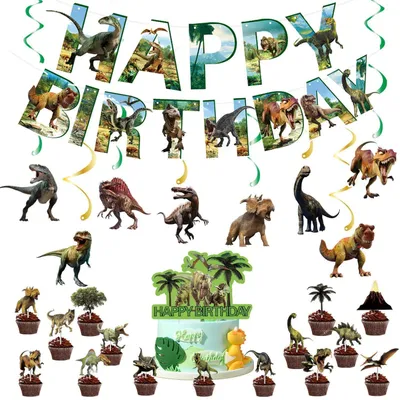 Produktbild von Dinosaurier Geburtstagsdeko Set mit Banner, Kuchentopper & Hängespiralen für Kinderparty