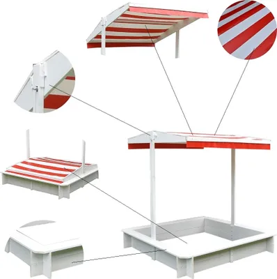 Image de Bac à sable en bois 120 x 120 cm, pare-soleil réglable rouge/blanc, épicéa