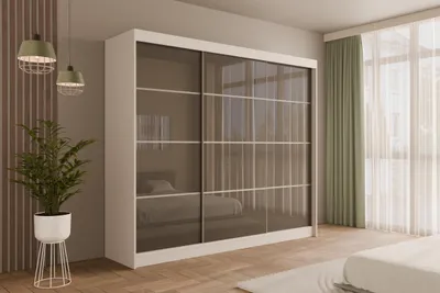 Produktbild von ALTDECOR Kleiderschrank mit Lacobel-Schiebetüren, kugelgelagerte Führungsschienen und Aluminium-Leisten - PEKA3 - 250 cm Weiß /  Grau