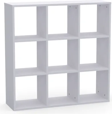A white cube shelf unit with 9 compartments, shown against a white background.