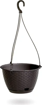 A dark brown hanging planter pot with a woven texture, suspended by a black hook and strings.