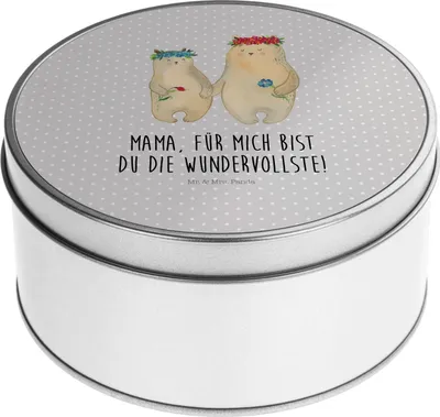 A round tin can with a lid featuring a graphic of two bears wearing flower crowns and text.