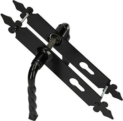 A black decorative door handle set with a twisted handle and ornate backplates.