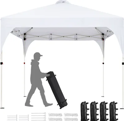 A person is shown setting up a white pop-up gazebo.