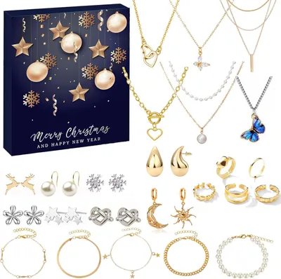 Produktbild von Adventskalender Frauen Mädchen Ohrringe Halsketten Ringe Armbänder Adventskalender Schmuck Gold Silber Weihnachtskalender 24 Überraschungen Countdown