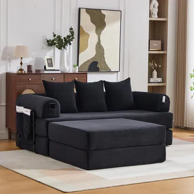 Obrázek produktu pro okwish Třímístná pohovka modulární sofa s taburetem a boční kapsou rozkládací pohovka obývací pohovka se 3 pohodlnými polštáři lounge pohovka s robustním kovovým rámem volně kombinovatelné černá