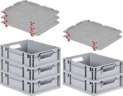 Produktbild von SparSet 5x Eurobox NextGen Economy mit Auflagedeckel und 4x Schiebeschnappverschlüsse Rot | Griffe offen | HxBxT 12x30x40cm | 11 Liter | Eurobehälter, Transportbox, Transportbehälter, Stapelbehälter