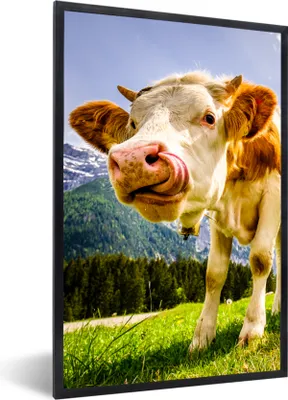 Produktbild von MuchoWow® Gerahmtes Poster Kühe - Berge - Gras - Landschaft - Alpen 60x90 cm - Poster mit Schwarzem Bilderrahmen Wandposter Rahmen Foto Bilder - Kunst