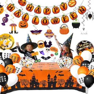 Zdjęcie produktu dla Zestaw dekoracji na Halloween Girlanda imprezowa Balony Obrus Rekwizyty do zdjęć