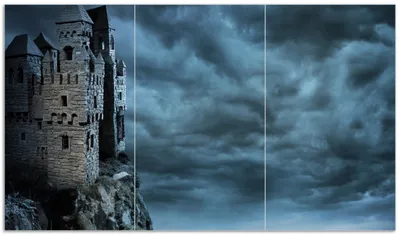 Produktbild von Wallario Herdabdeckplatte aus Glas, Größe 90 x 52 cm 3-teilig, Motiv Altes Geisterschloss
