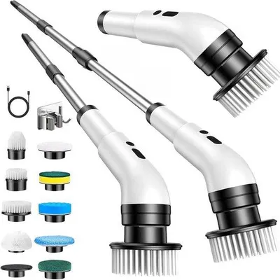 Obrázek produktu pro Elektrický čisticí kartáč - Rotující kartáč - Čištění koupelny - 9 vyměnitelných hlavic - Nastavitelné madlo - Bílá barva
