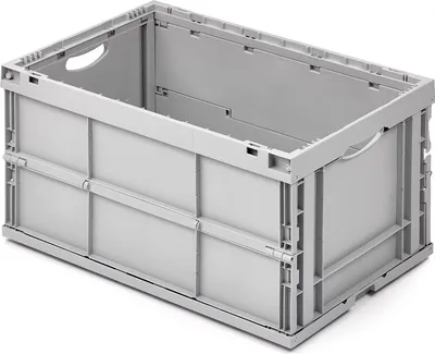 A light gray, foldable plastic storage box is shown from a slightly elevated front-side angle against a white background.