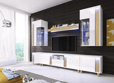 Produktbild von Wandschrank Marco 2 Wohnzimmermöbel Set + Led (Weiss/Holz)