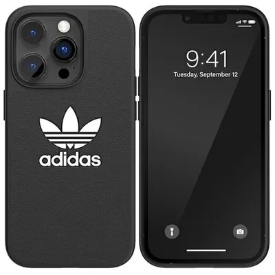 A black phone case with the Adidas logo and a smartphone displaying the time and date.