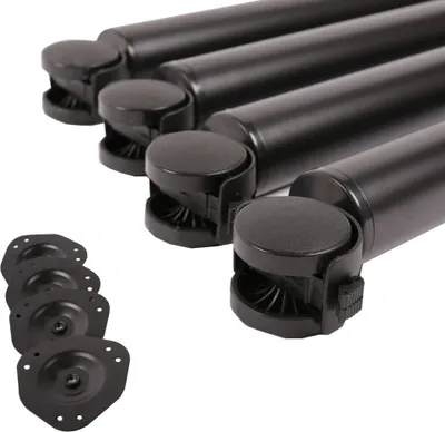 A group of black furniture legs with casters and mounting plates.