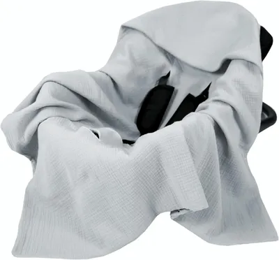 Produktbild von Babylux Musselin Einschlagdecke mit Kapuze – 90x90 cm – Sommer Babydecke für Autositz & Babyschale – 100% Baumwolle – Atmungsaktiv & Leicht - Grau