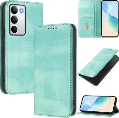 Image de Étui pour Realme C71, étui en cuir vintage avec protection RFID, fentes pour cartes, support Turquoise