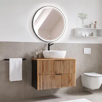 Produktbild von Waschplatz Set Gäste WC Waschtisch 81 cm XANTEN-56 in anthrazit mit Eiche Nb. Rillen schwarz, B/H/T: ca. 80,6/200/46,5 cm