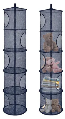 Image de Panier de rangement suspendu, organiseur suspendu pliable en 2 parties, étagère suspendue à 5 compartiments, sac de rangement en filet, panier de rangement pour peluches pour chambre d'enfant ou balcon (bleu marine)