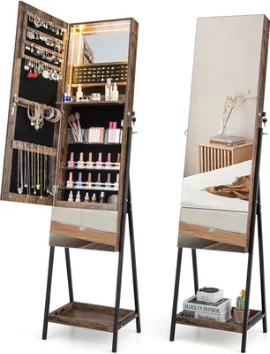 Produktbild von GOPLUS Schmuckschrank mit Ganzkörperspiegel, Spiegelschrank Schmuck mit LED-Beleuchtung, freistehender Schmuckspiegel mit Ablage (Rustikales Braun)