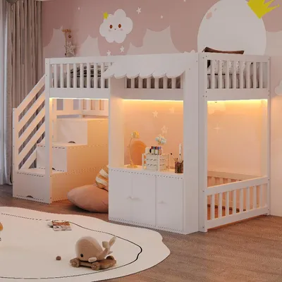 Productafbeelding van Houten hoogslaper van 90x200 cm met een trap met opbergruimte, een opbergkast en een meerkleurige LED-lichtbalk, wit hoogslaper met lattenbodem en dakontwerp