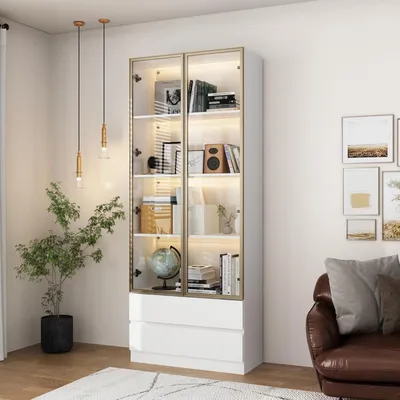 Productafbeelding van Glazen vitrine met LED-verlichting, 2 deuren, 2 lades, 6 legplanken, 80x36x200 cm, wit