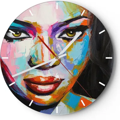 Produktbild von Wanduhr - Rund - Glasuhr - Mädchen Gesicht - 30x30cm - Schleichendes Uhrwerk - Lautlos - zum Aufhängen bereit - Dekoration Modern - Wanddekoration aus Glas - C3AR30x30-3447