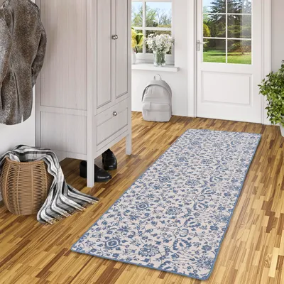 Produktbild von In- und Outdoor Teppich Läufer Beidseitig Newport Blau Blumen, Größe:100x100 cm