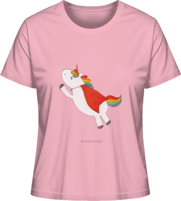 Produktbild von Mr. & Mrs. Panda Basic Shirt Damen Einhorn Super Größe L - Baumwolle Pink - Geschenk, Superheld, Oberteil, Einhörner, Unicorn, Baumwoll T-Shirt, Sommershirt, Freundin, Held
