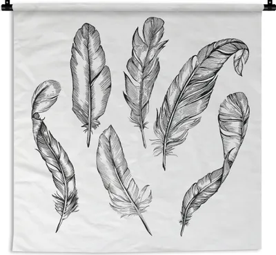Produktbild von MuchoWow® Wandteppich Wandbehang Eine schwarz-weiße Illustration von Federn 90x90 cm Tapisserie Dekoration Wandtuch - Wandaufhänger
