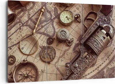 Produktbild von Bild auf Leinwand - Leinwandbild - 3 Teile - Kartographie Vintage Kompass - 165x110cm - Wand Bild - Wanddeko - Wandbilder - Leinwanddruck - Bilder - Wanddekoration - Leinwand bilder - CE165x110-4582