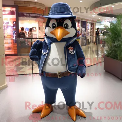 Produktbild von Maskottchen REDBROKOLY eines Marine-Pinguins mit Röhrenjeans und Gürteln