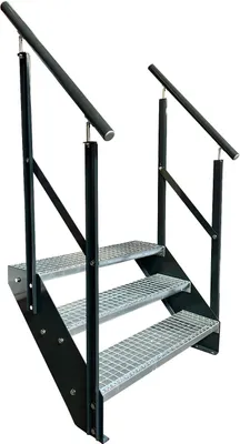 Obrázek produktu pro Mřížové ocelové příčkové schodiště 3 stupně Pozinkované a antracitově práškově lakované strany + zábradlí na obou stranách - (d x š x v) 63 cm x 120 cm x 57 cm
