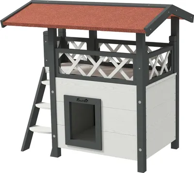 Obrázek produktu pro Dům Pro Kočky S Asfaltovou Střechou, 2Patrový Dům Pro Kočky S Balkonem, Vila Pro Kočky Se Schody, Masivní Dřevo, Bílá, 77 X 50 X 73 Cm