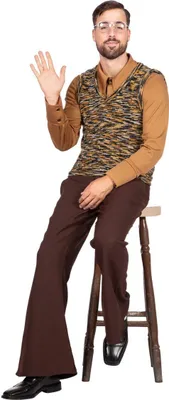 A man is sitting on a stool, waving.