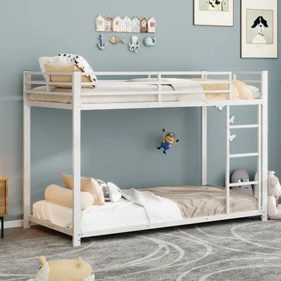 Produktbild von MODFU Etagenbett Kinderbett 90x200cm mit Leiter, Hochbett mit Rausfallschutz, Metallbett Eisenbett Stockbett mit Metallrahmen, Jugendbett Bettgestell, Weiß