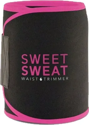 A black waist trimmer with pink trim and text.