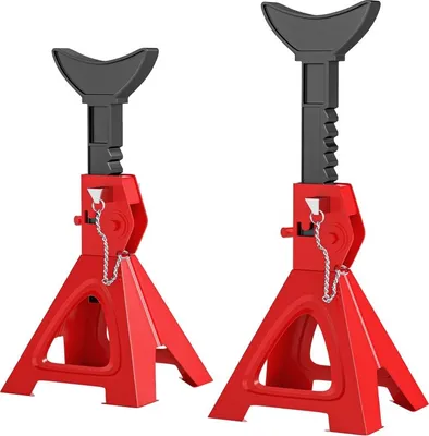 Immagine prodotto di Fortuna Lai Cavalletto da officina 3 tonnellate di carico 2 pezzi Cavalletto di sostegno con perno di sicurezza Regolabile in altezza su 10 livelli da 290 mm a 410 mm Cavalletti da officina Martinetto per auto Supporto per officina Garage Rosso