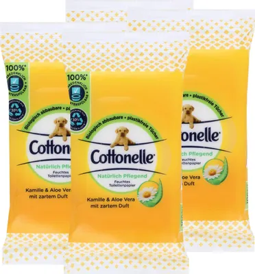 Produktbild von 4x Cottonelle feuchte Toilettentücher Kamille & Aloe Vera 12 Tücher für unterwe