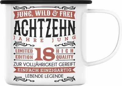 Produktbild von Trendation - 18. Geburtstag Emaille Tasse Geschenk 18er Geschenkidee Mädchen Jungen Lustiger Spruch Legende (Schwarz)