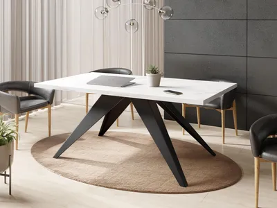 Produktbild von Esstisch Vance im Modern Still, Rechteckig Tisch in Weißer Marmoroptik - Ausziehbar von 140 cm bis 240 cm, Pulverbeschichtete Schwarze Metallbeine - 140 x 80 cm - Marmor Weiß