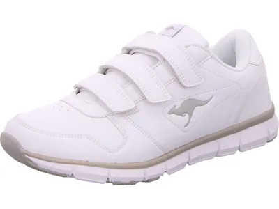 A white KangaRoos men's sports shoe with three velcro straps.
