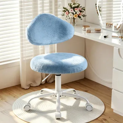 Produktbild von IWMH Schminktisch Stuhl mit Rollen, Kunstkaninchenfell Drehstuhl mit Rückenlehne in Wolkenform, Höhenverstellbar Schreibtischstuhl - Blau