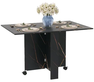 Produktbild von Klappbarer Esstisch mit Rollen und 2 Ausziehplatten, fš¹r bis zu 6 Personen, Marmoroptik, 120 x 80 x 73 cm, Schwarz