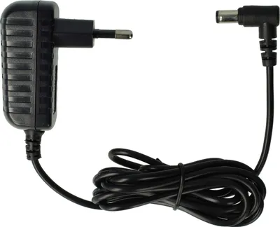 A black power adapter with a European plug and a right-angled DC barrel connector.