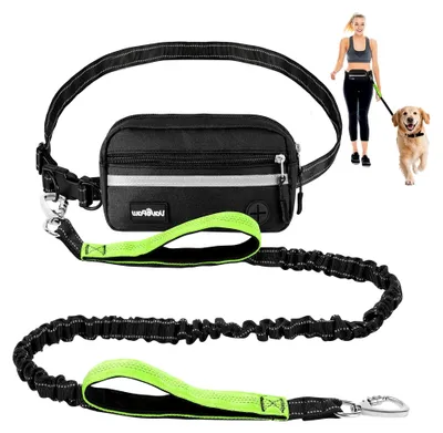 Produktbild von Freihändige Hundeleine, schockabsorbierende Gürtelleine für Spaziergänge mit Hunden, verstellbarer Gürtel mit Gürteltasche und Griff, reflektierender Laufgürtel für kleine, mittlere und große Hunde, Schwarz-Grün