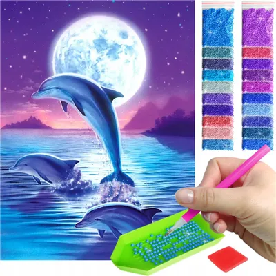 Zdjęcie produktu dla Haft diamentowy ARTULIO - Delfiny skaczące przy pełni księżyca - 40 x 30 cm - Diamond painting, Kompletny zestaw: mozaika + akcesoria