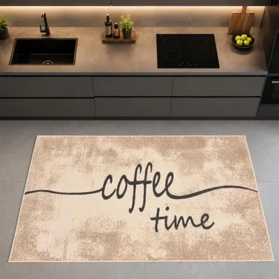 Productafbeelding van Keukenmat, beige, met motief van koffiemoment, gemakkelijk te onderhouden en duurzaam. Afmetingen: 80 x 300 cm