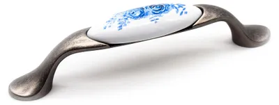 Produktbild von Vintage-Möbelgriffe | 2 antike Möbelgriffe – Blaues Rosenmotiv | 125 × 33 × 19 mm | Möbelknöpfe aus Zink-Aluminium und Porzellan | Küchenschrankgriffe, Vintage-Schrankgriffe